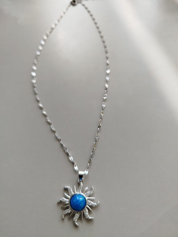 Çelik Mavi Opal Taşlı Güneş Kolye